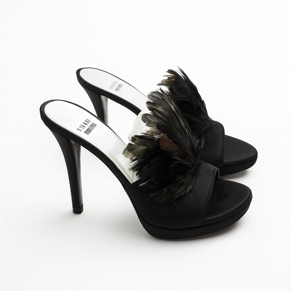 Stuart Weitzman Shoes - NWT Stuart Weitzman Feathered Black Satin Strapless Heels Size 6